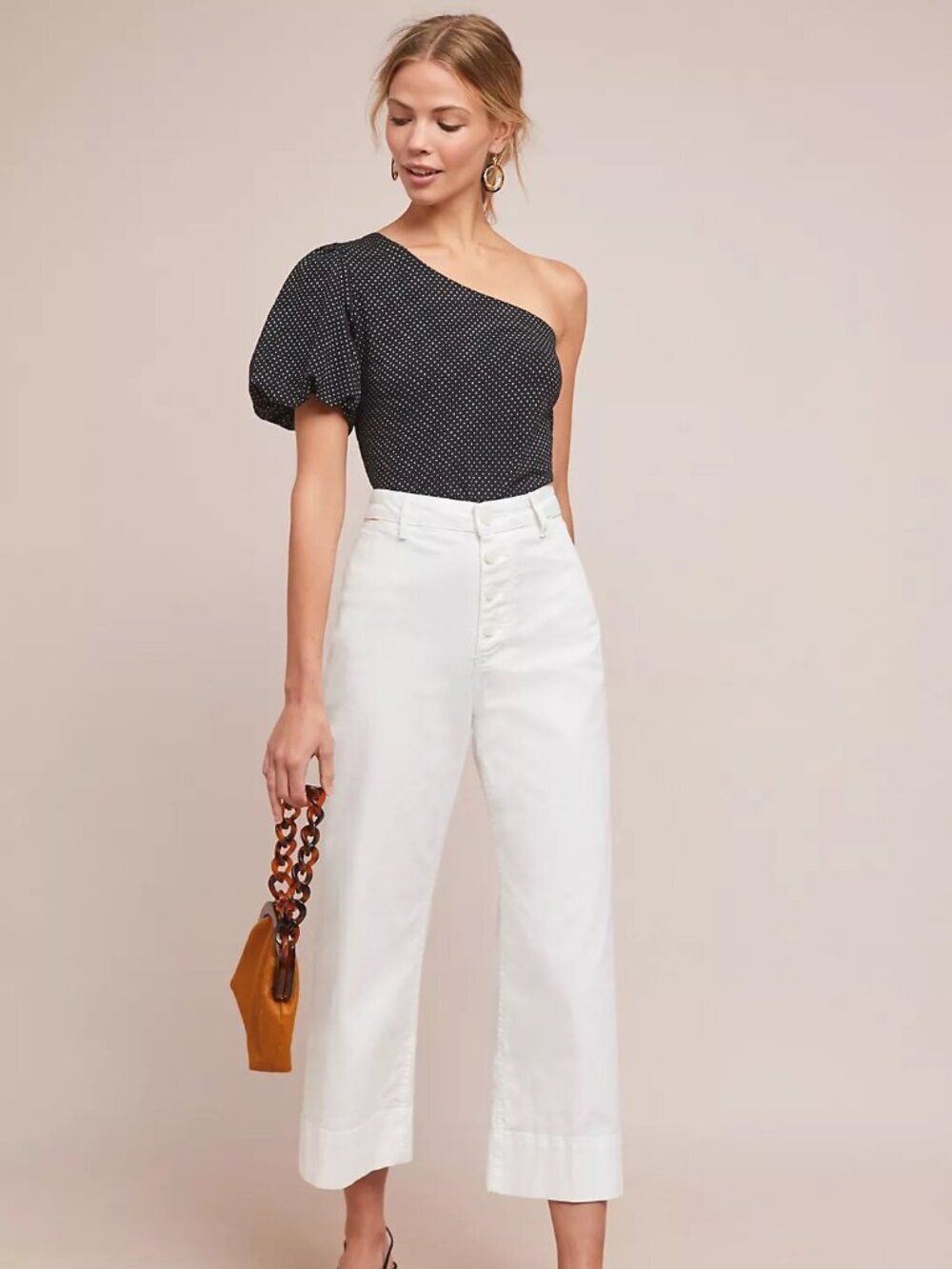 NWOT Anthropologie Maeve Black Polka-dot One Shoulder Top